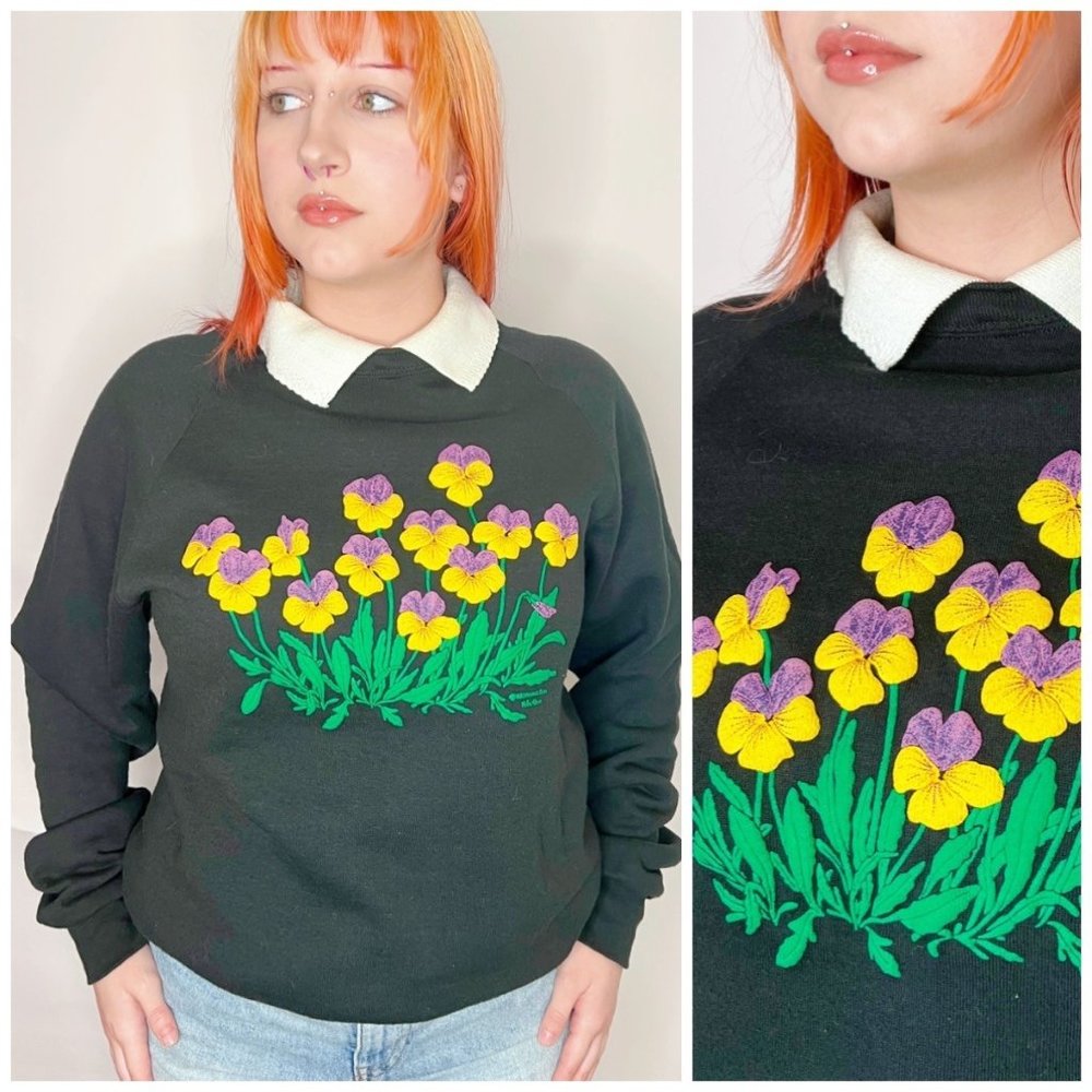 Vintage 80s Morning Sun Granny Pansy Collared Sweatshirt L Large Black Graphic